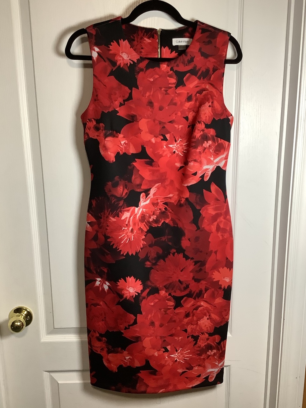 Calvin Klein Black & Red Floral Sheath Midi Dress